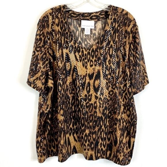 Susan Graver M NWT Leopard Sparkling Sequin Liquid Knit Mob Girl V Top - Picture 1 of 9